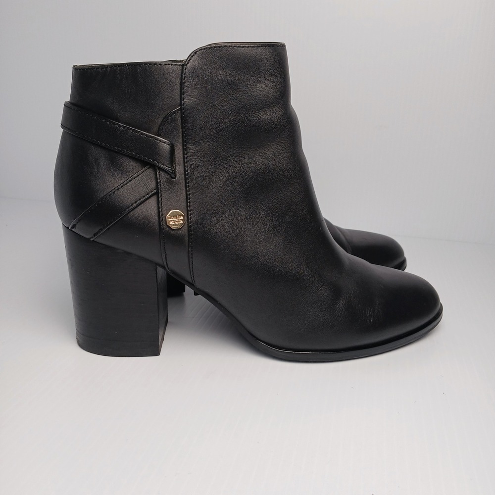 Louise et Cie Zanara Black Leather Block Heel Ankle Boots Size 9M Side Zip‎